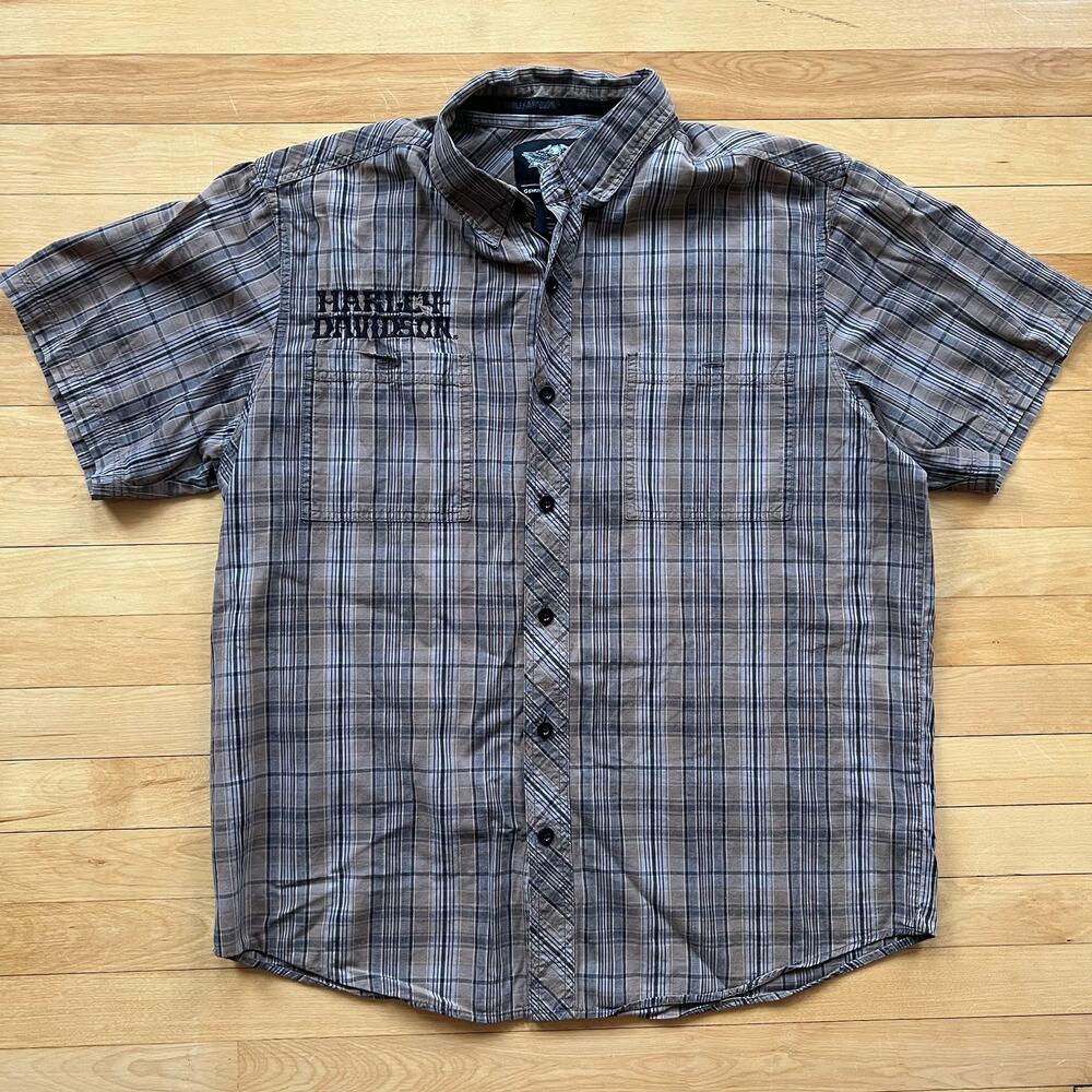 Harley Davidson Button Up Mens XL Short Sleeve Plaid Embroidered Brown NWOT